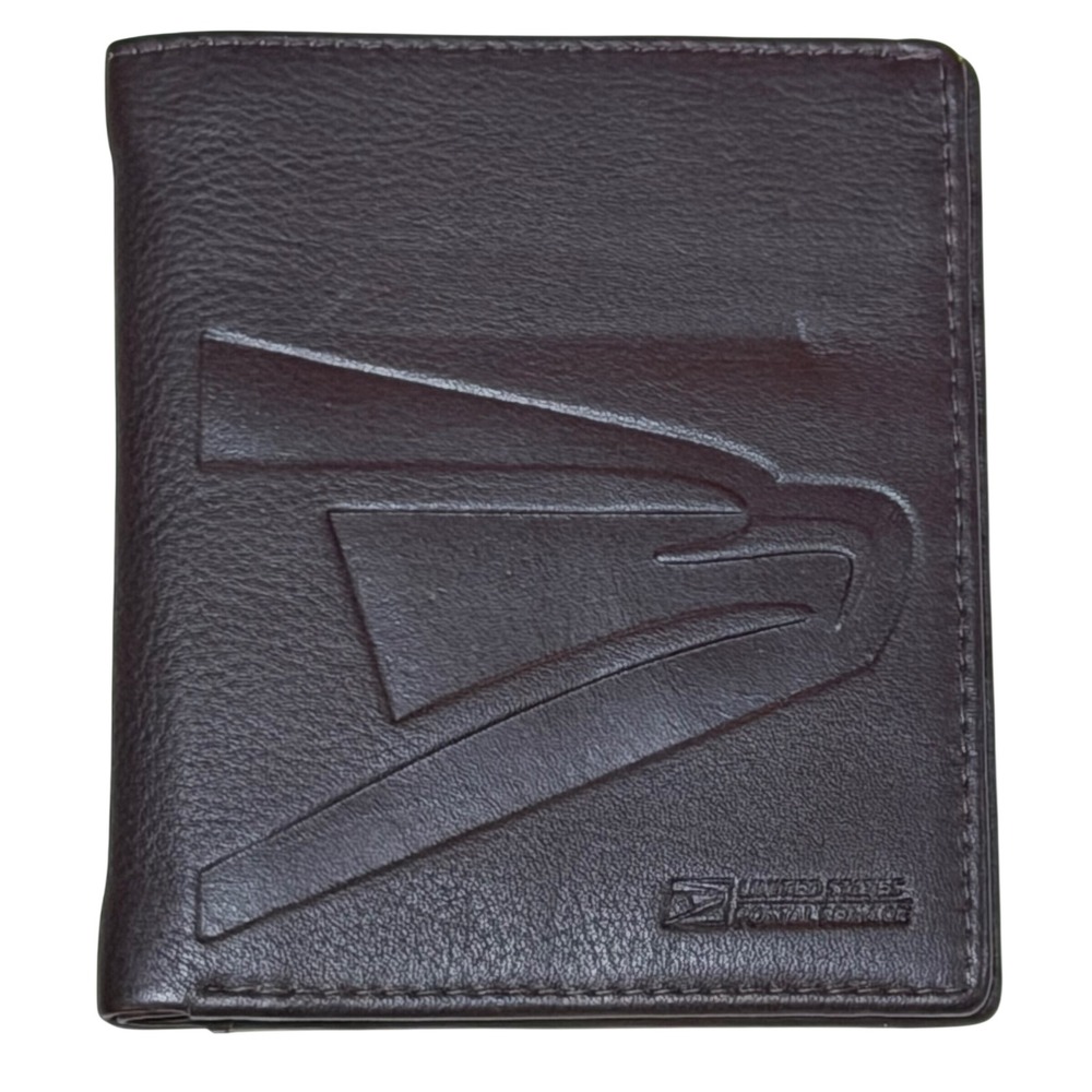 USPS Pocket Organizer Wallet Mens Brown Leather Bifold ID Window Eagle Logo Slim